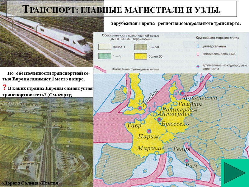 ТРАНСПОРТ: ГЛАВНЫЕ МАГИСТРАЛИ И УЗЛЫ. «Дорога Солнца» Италия Зарубежная Европа - регион высокоразвитого транспорта.